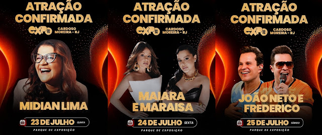 Maiara e Maraísa,  João Neto e Frederico são atrações confirmadas na exposição de Cardoso Moreira