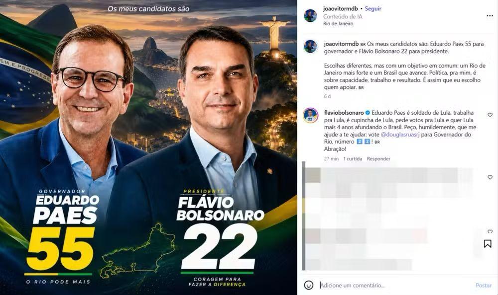 FLÁVIO BOLSONARO COMENTA POST COM SUA FOTO AO LADO DE PAES E PEDE VOTO PARA DOUGLAS RUA